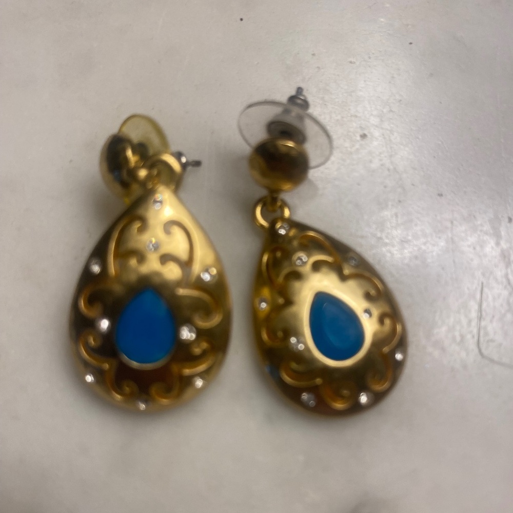 Gold drop earrings with large blue stone & crystal setting.